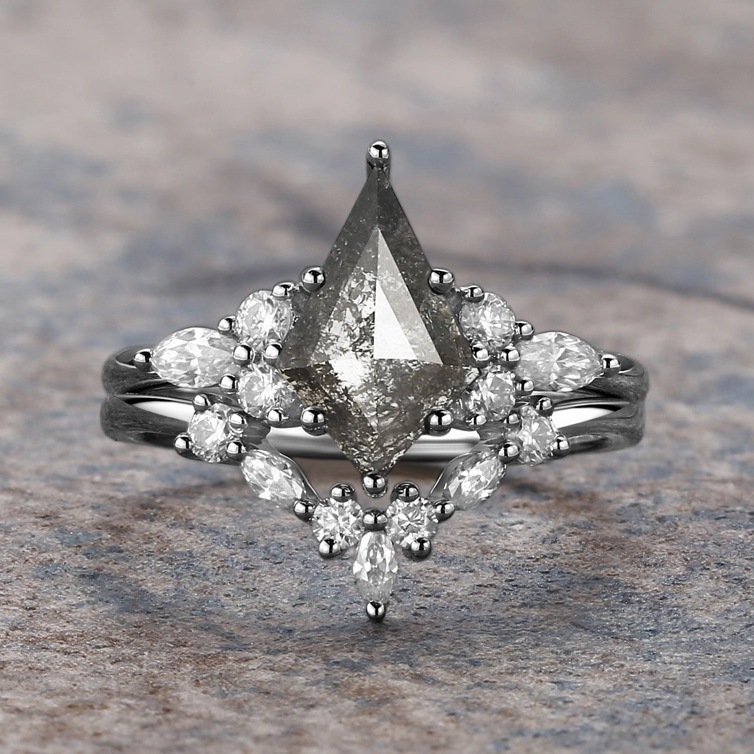 Salt and Pepper Diamonds Cluster Marquise Engagement Ring Set 2pcs Office Ready