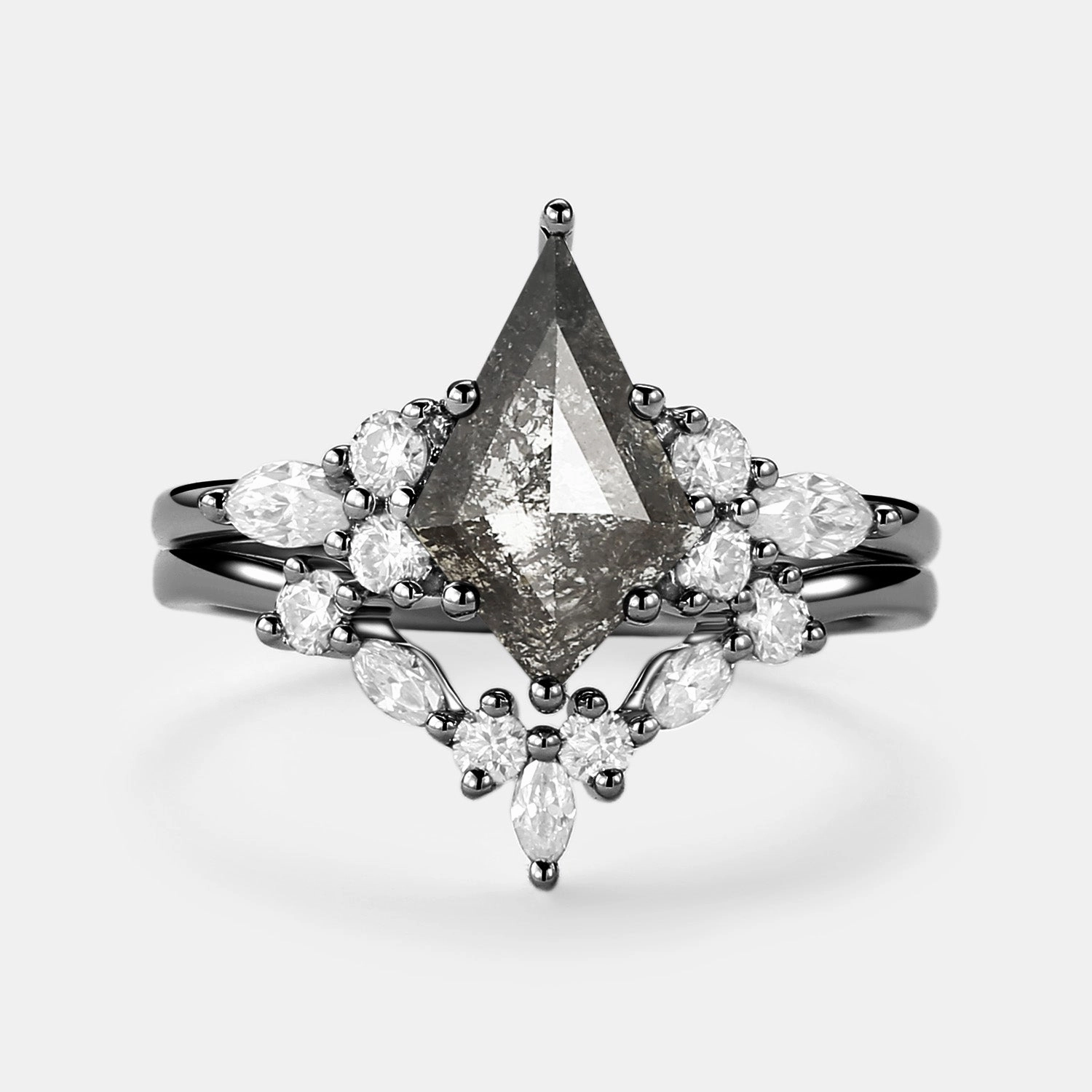 Salt and Pepper Diamonds Cluster Marquise Engagement Ring Set 2pcs Anniversary Surprise Statement Look