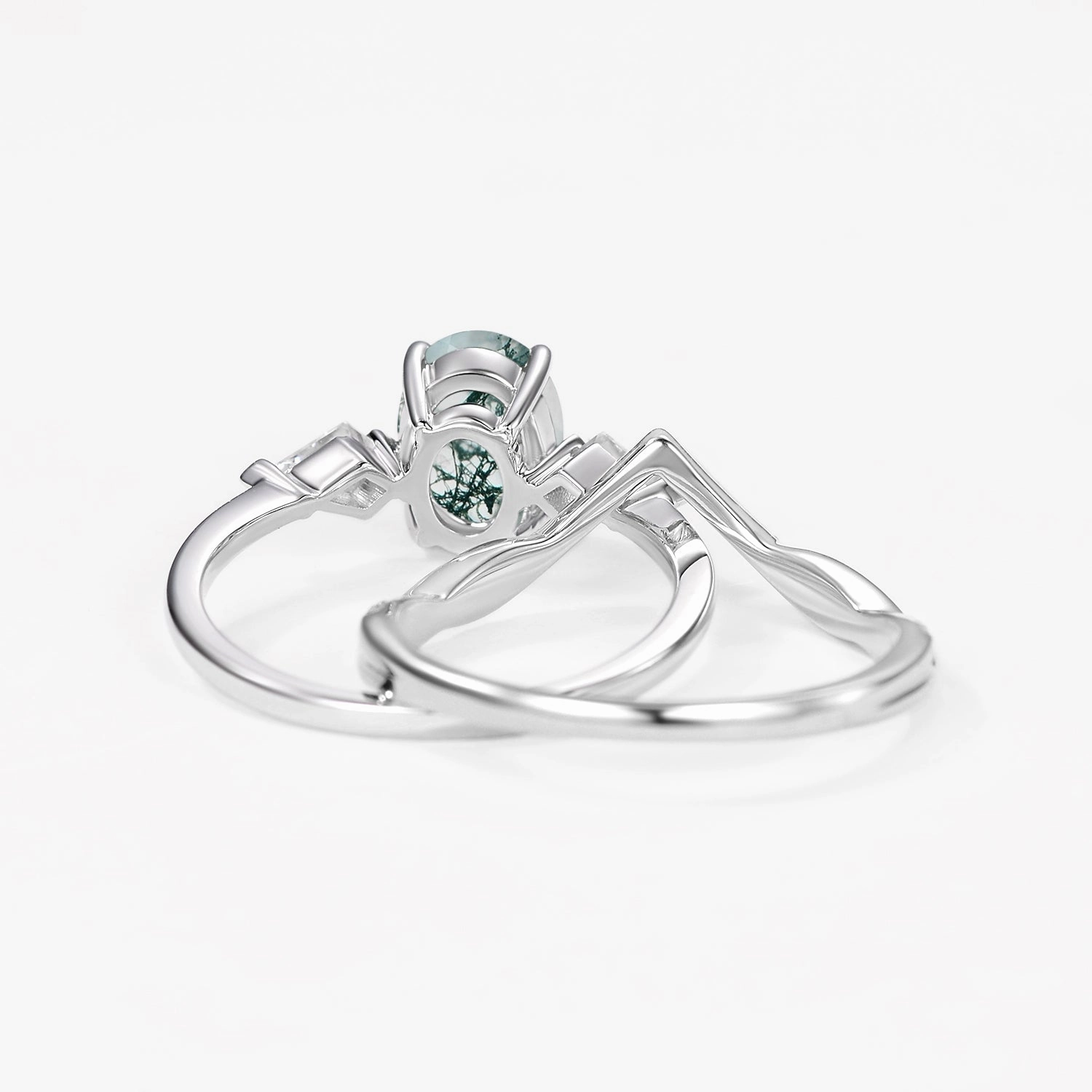 Oval Cut Moss Agate Three Stone Style Ring Set 2pcs Flawless Accent