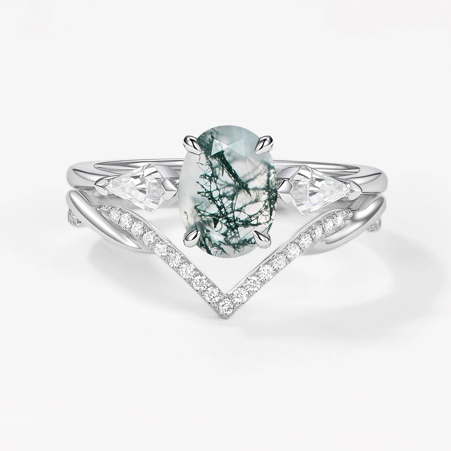 Oval Cut Moss Agate Three Stone Style Ring Set 2pcs True Elegance Premium Detail