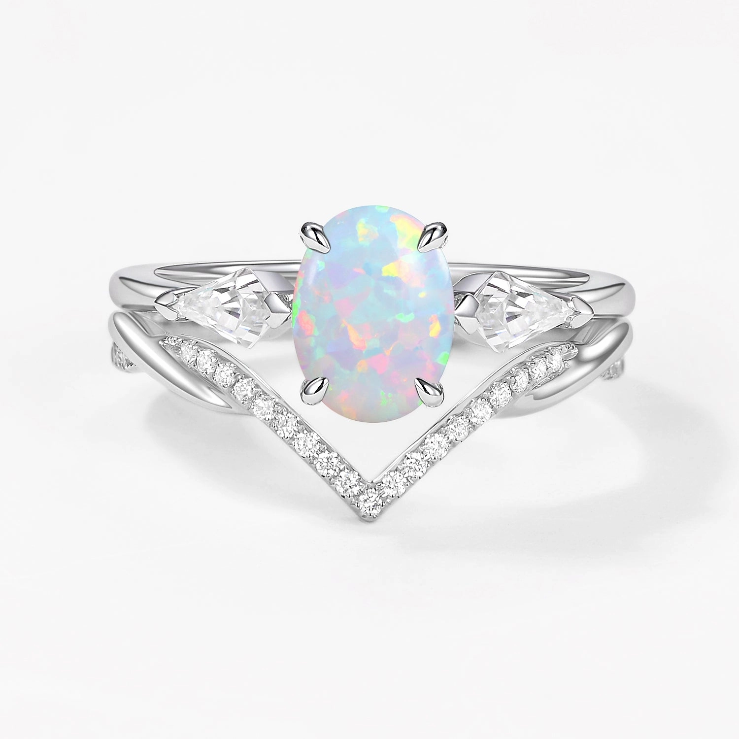 Shiny look Luxe Moment Oval Cut Moss Agate Three Stone Style Ring Set 2pcs