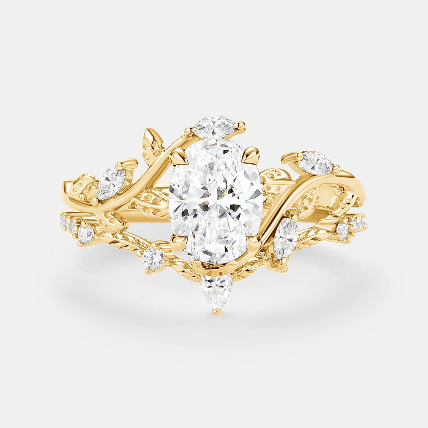 Oval Cut Lab Grown Diamond Leafy Engagement Ring Sets 2pcs - Daphne Unique Sparkle Sculptural Feel