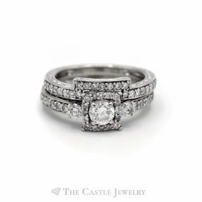 Bold Insignia Love Token 1.25CTTW Round Diamond Square Halo with Fitted Band Bridal Set in 14KT White Gold