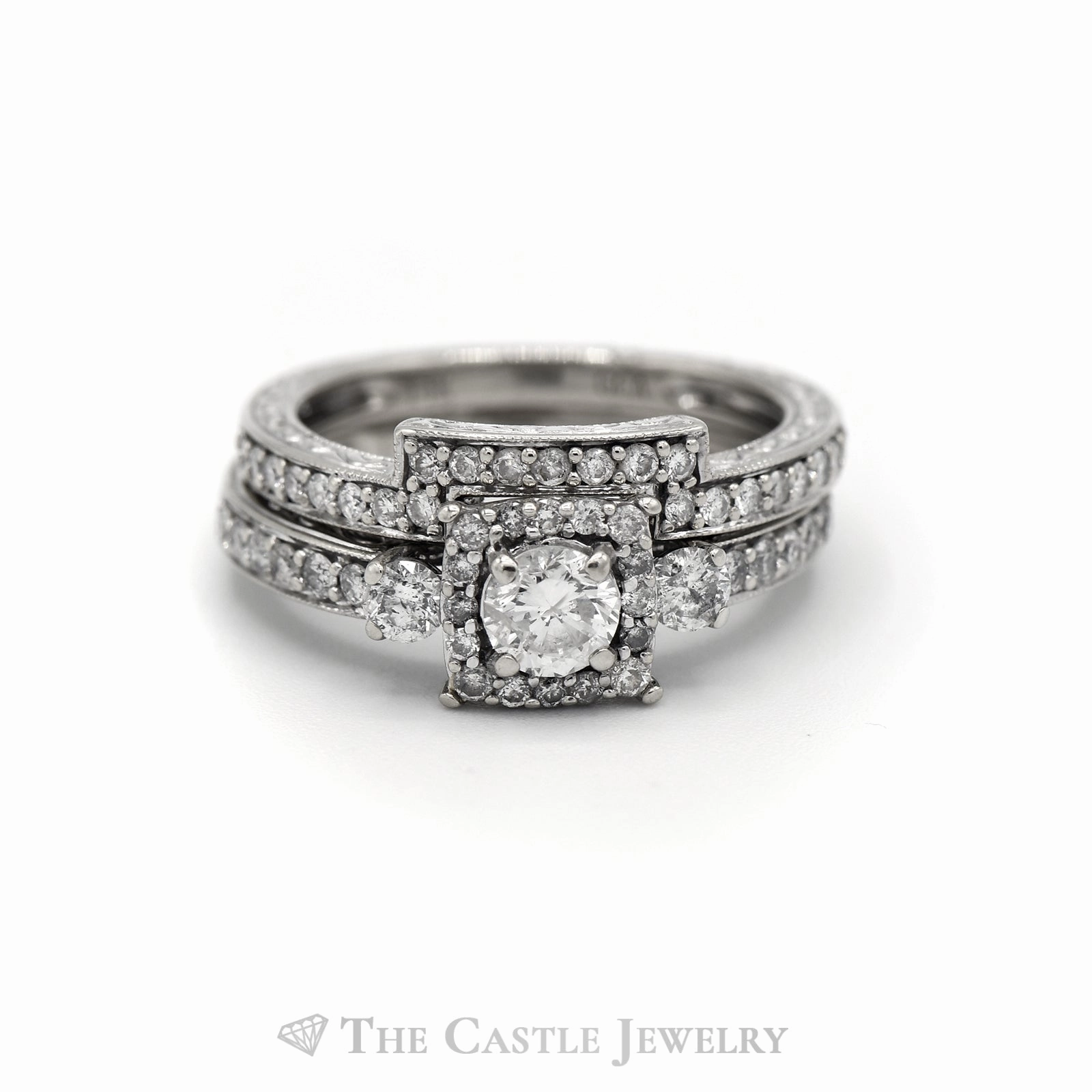 High-End Style 1.25CTTW Round Diamond Square Halo with Fitted Band Bridal Set in 14KT White Gold