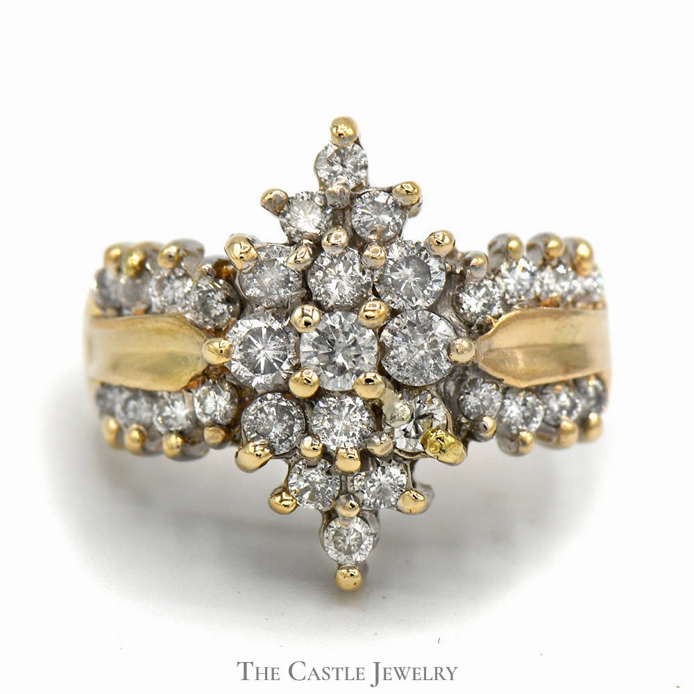 Marquise Shaped Diamond Cluster Ring in Diamond Accented Concaved 14k Yellow Gold Setting Smooth Edge Investment Jewelry