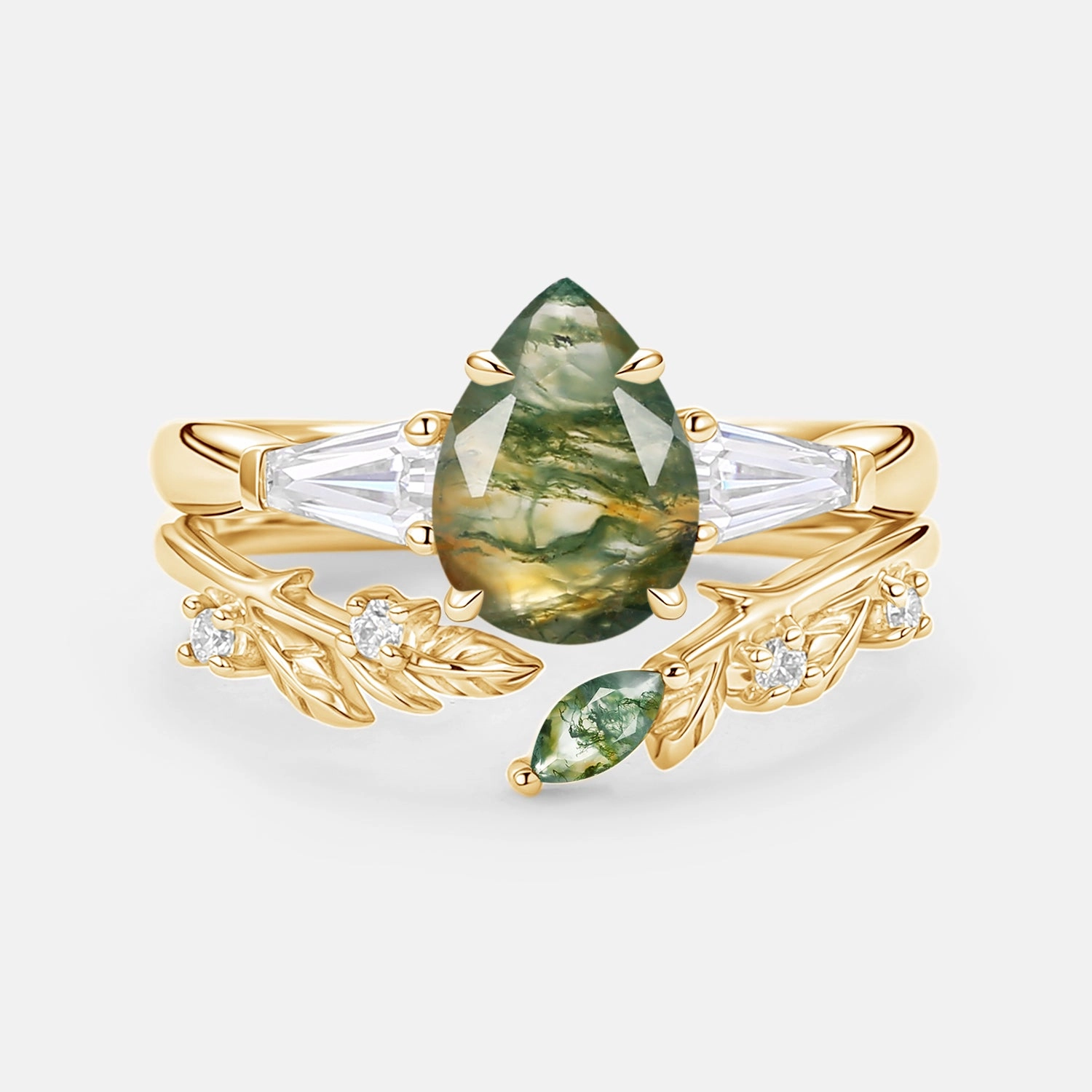 Subtle Mood Pear Cut Moss Agate Engagement Ring Set 2pcs - Goldie