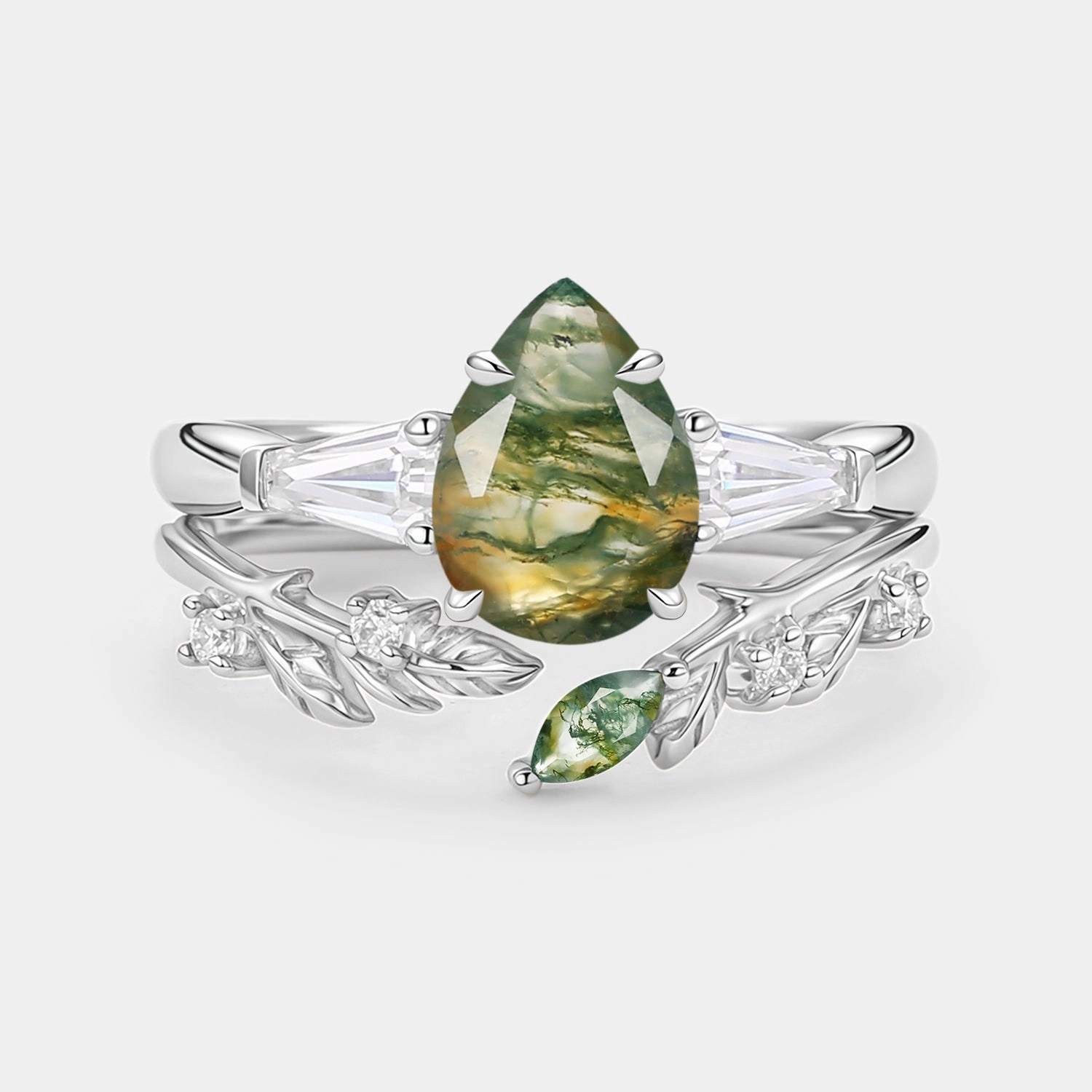 Pear Cut Moss Agate Engagement Ring Set 2pcs - Goldie Opulent Design Vibrant Touch