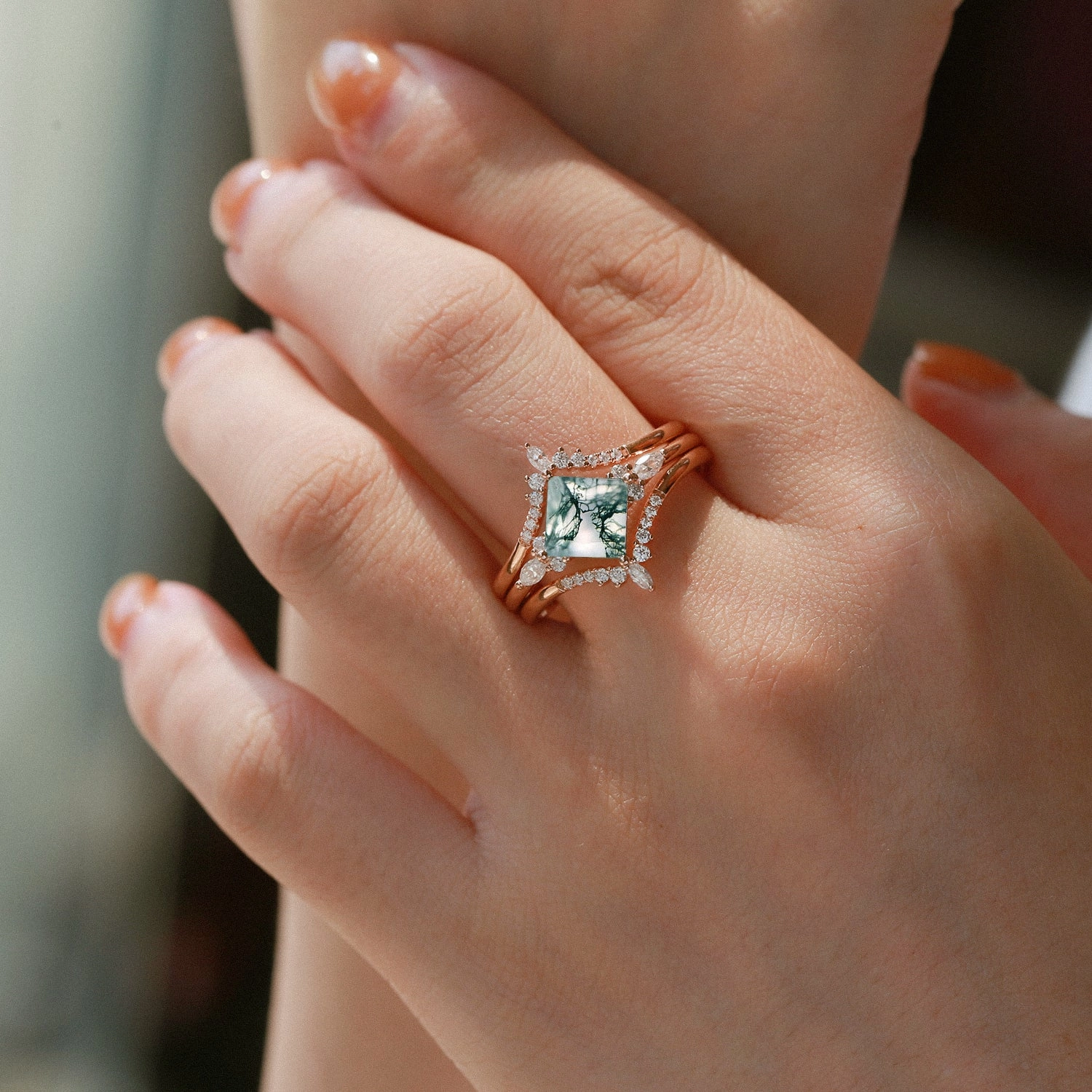 Luxury Finish Exquisite Edge Black Gold Moss Agate Princess Cut Engagement Ring Set 3pcs