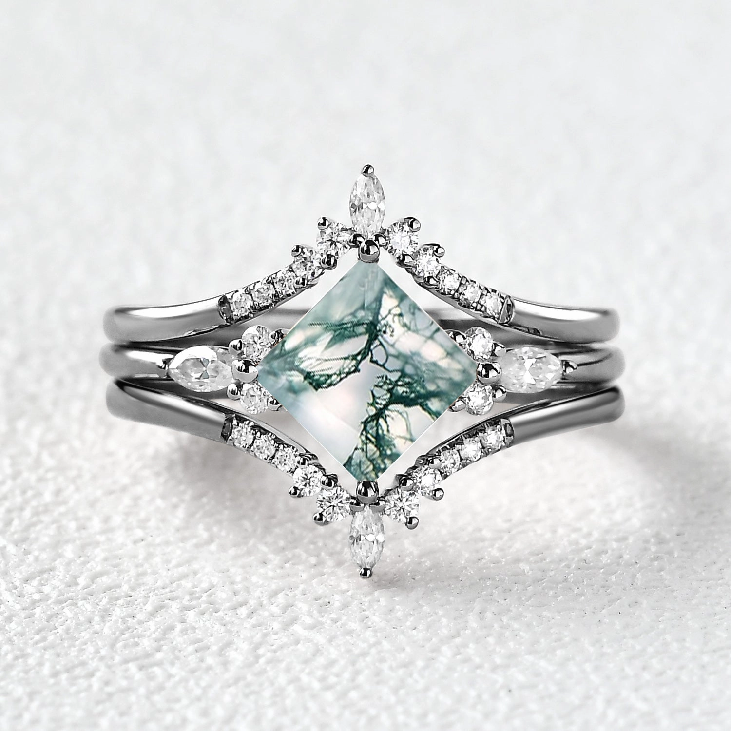 Black Gold Moss Agate Princess Cut Engagement Ring Set 3pcs Minimalist Flair Occasion Ready