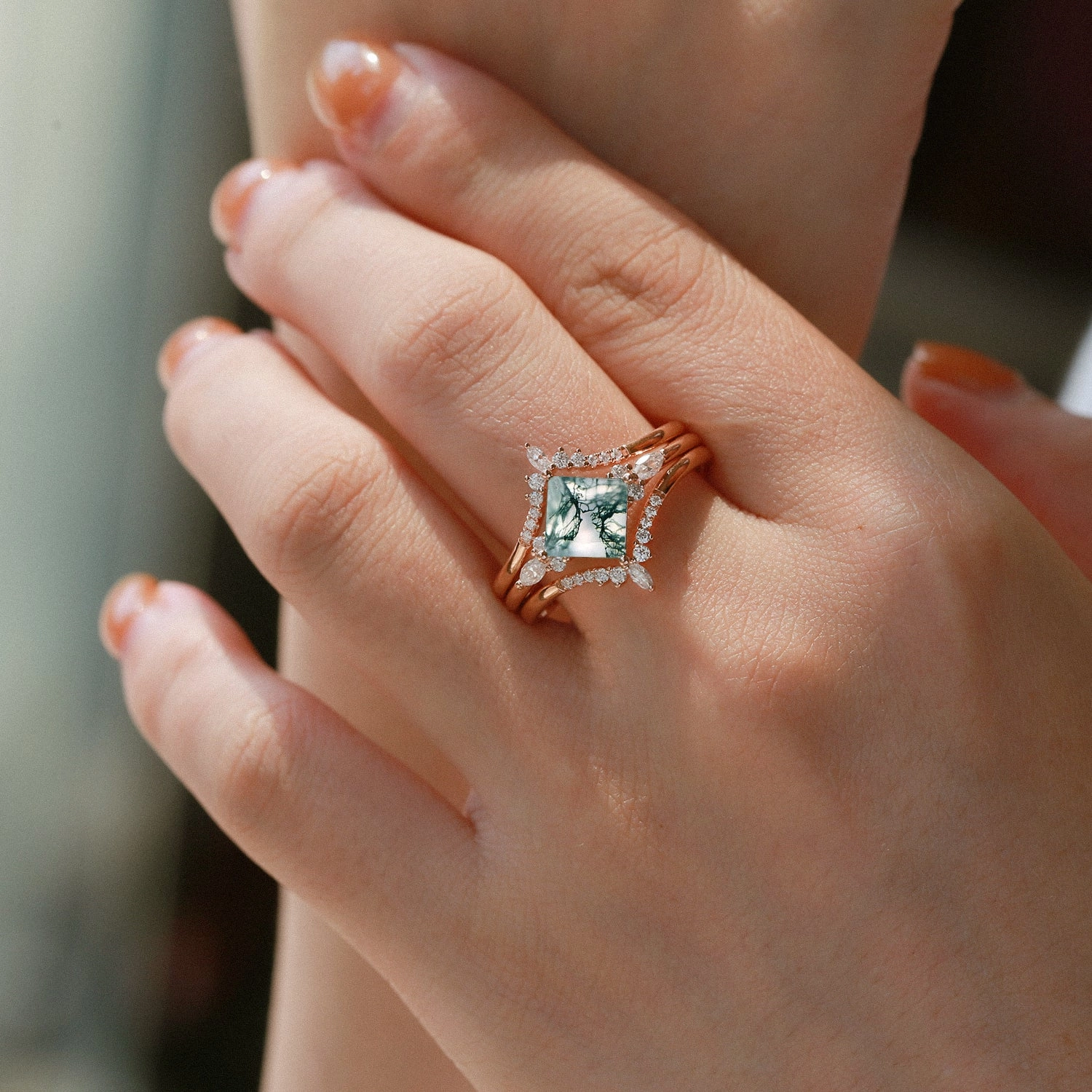 Black Gold Moss Agate Princess Cut Engagement Ring Set 3pcs Unique Accessories