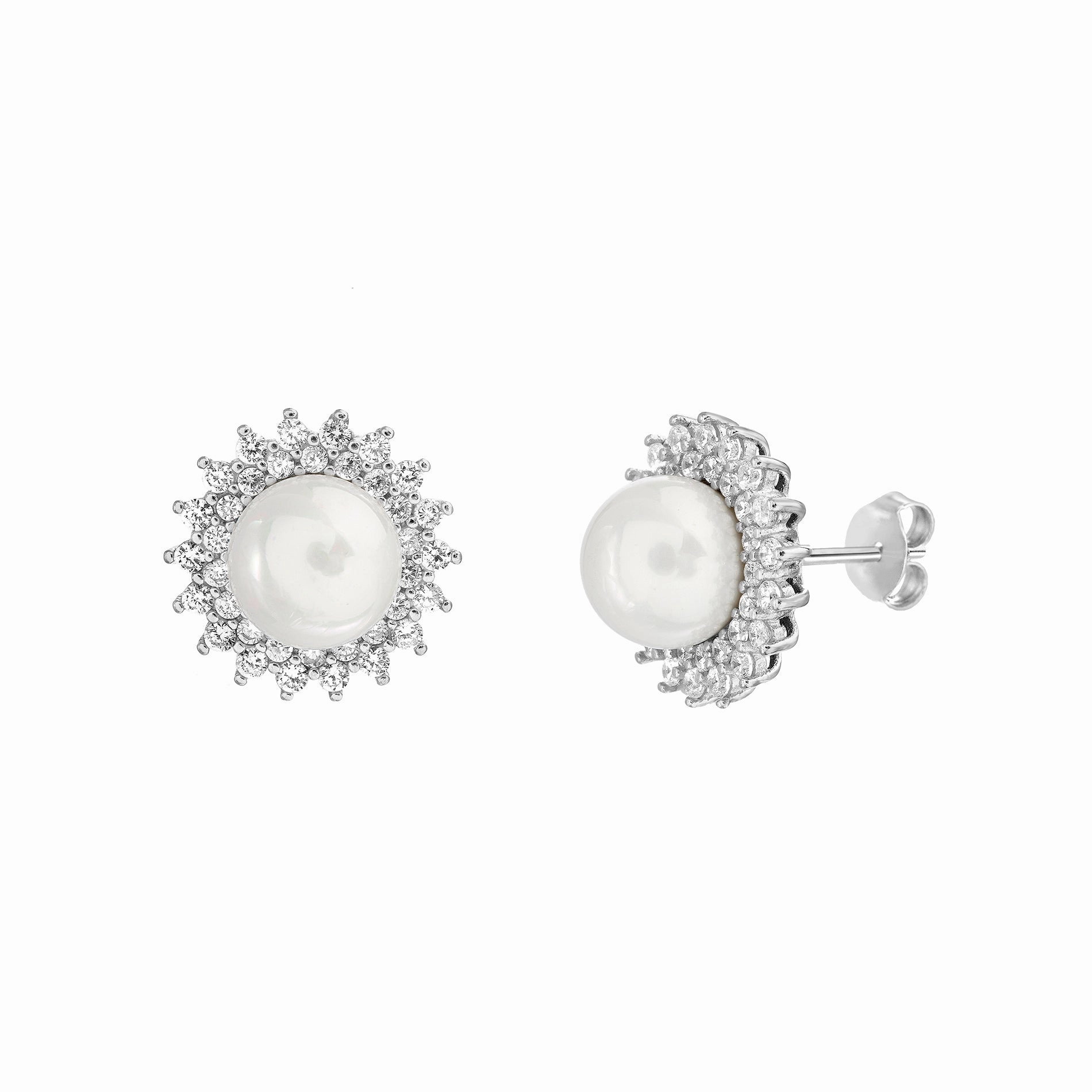Lesa Michele Simulated Pearl & Cubic Zirconia Stud Earring in Sterling Silver Shiny Creation