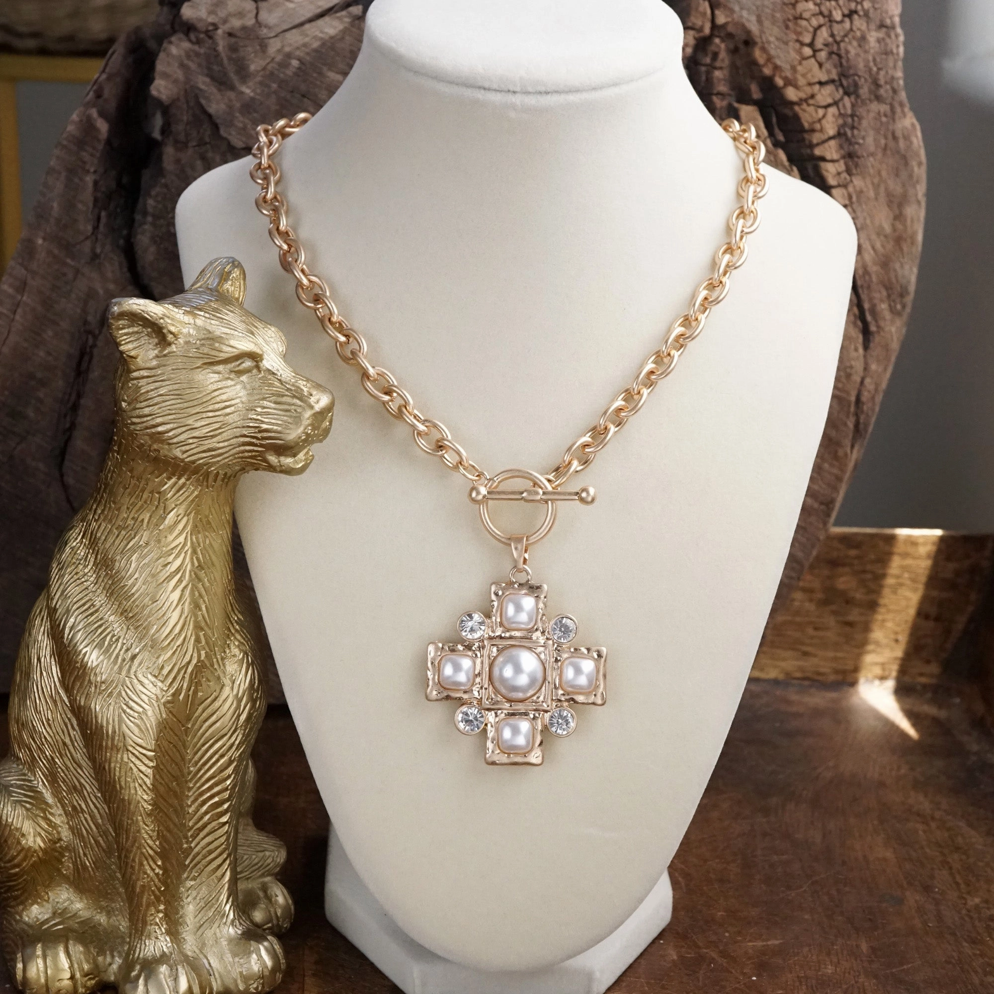 Golden Grace ?C Front Toggle Cross Necklace with Pearls & Crystals Modern Event Luxury Life