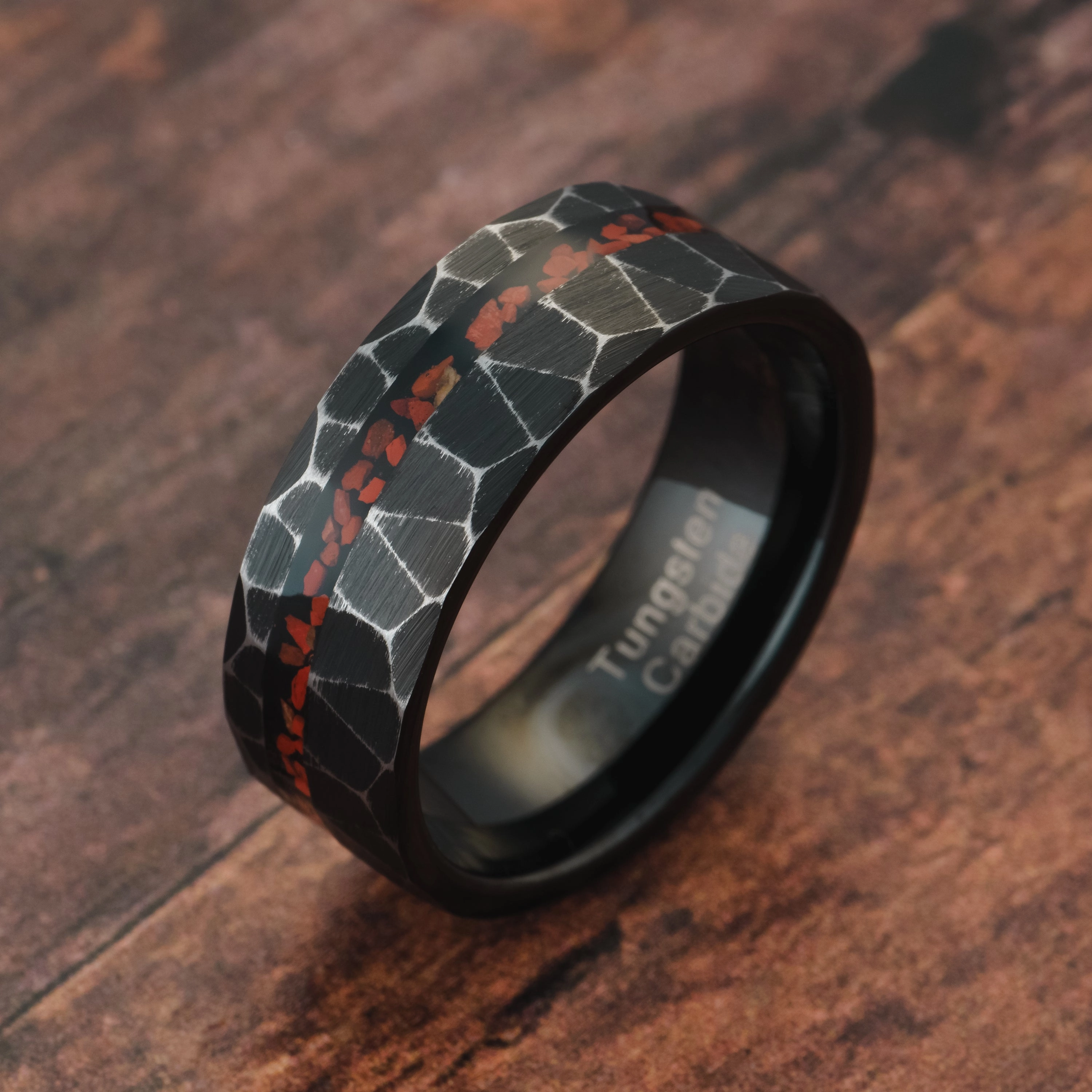 Ensemble Collection Handcrafted Craft 100S JEWELRY Engraved Personalized Black Hammered Tungsten Rings For Men Imitated Dinosaur Bone Inlay Wedding Band Size 6-16