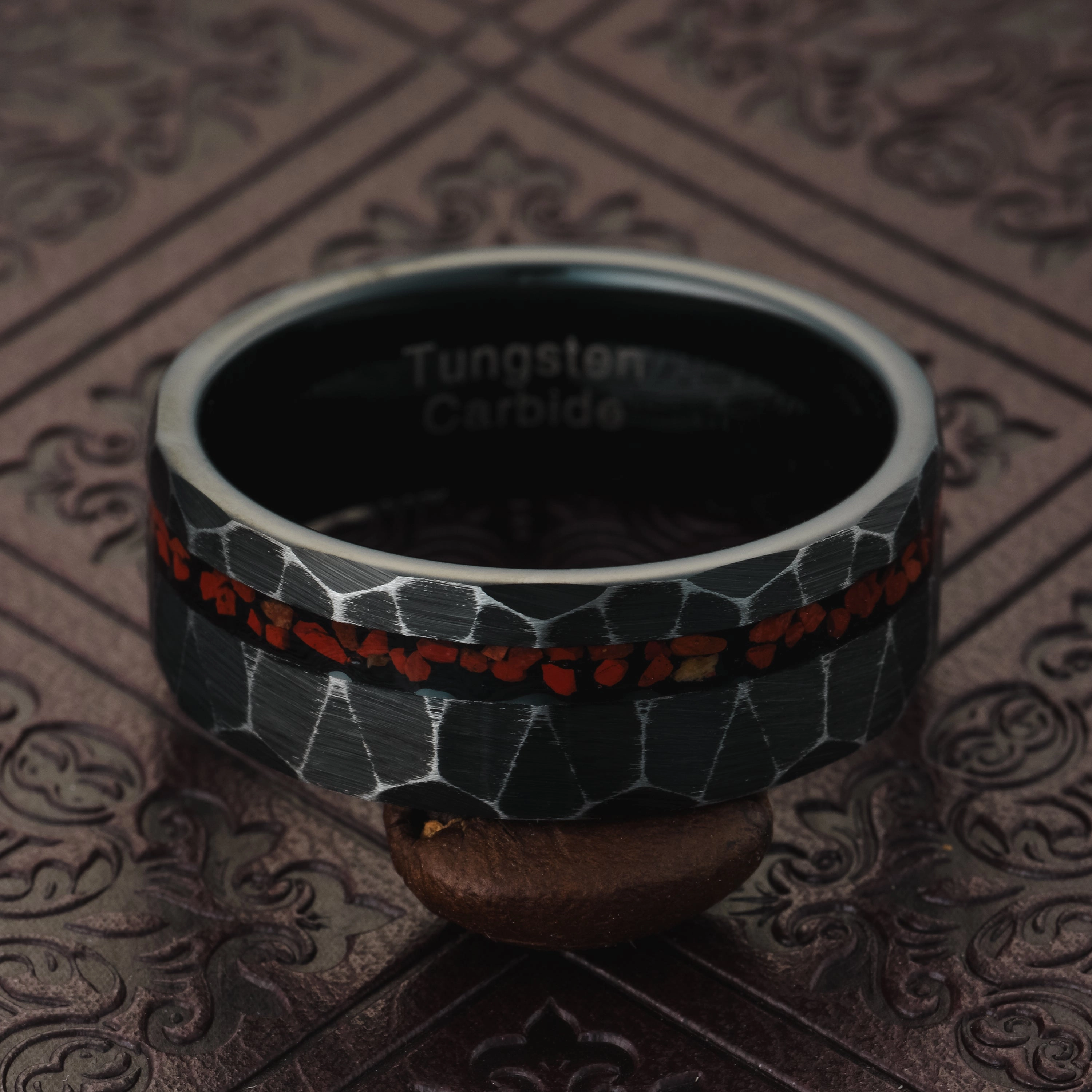 Comfortable Statement Chic Product 100S JEWELRY Engraved Personalized Black Hammered Tungsten Rings For Men Imitated Dinosaur Bone Inlay Wedding Band Size 6-16