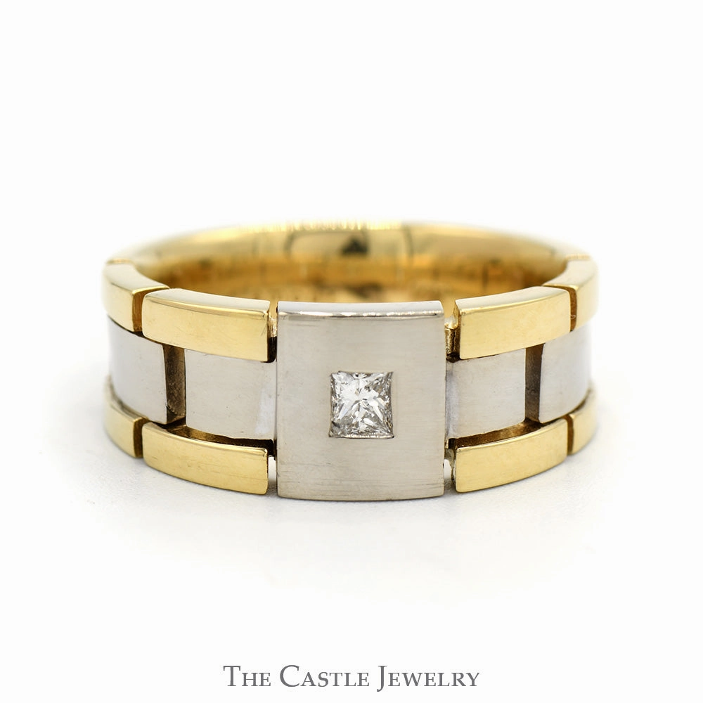 Casual Look Two Tone Link Designed Band with Princess Cut Diamond Solitaire in 14k White & Yellow Gold