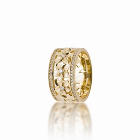 Hawaiian Heirloom Plumeria Ring in Gold with Diamonds - 10mm Glistening Look Exclusive Edge