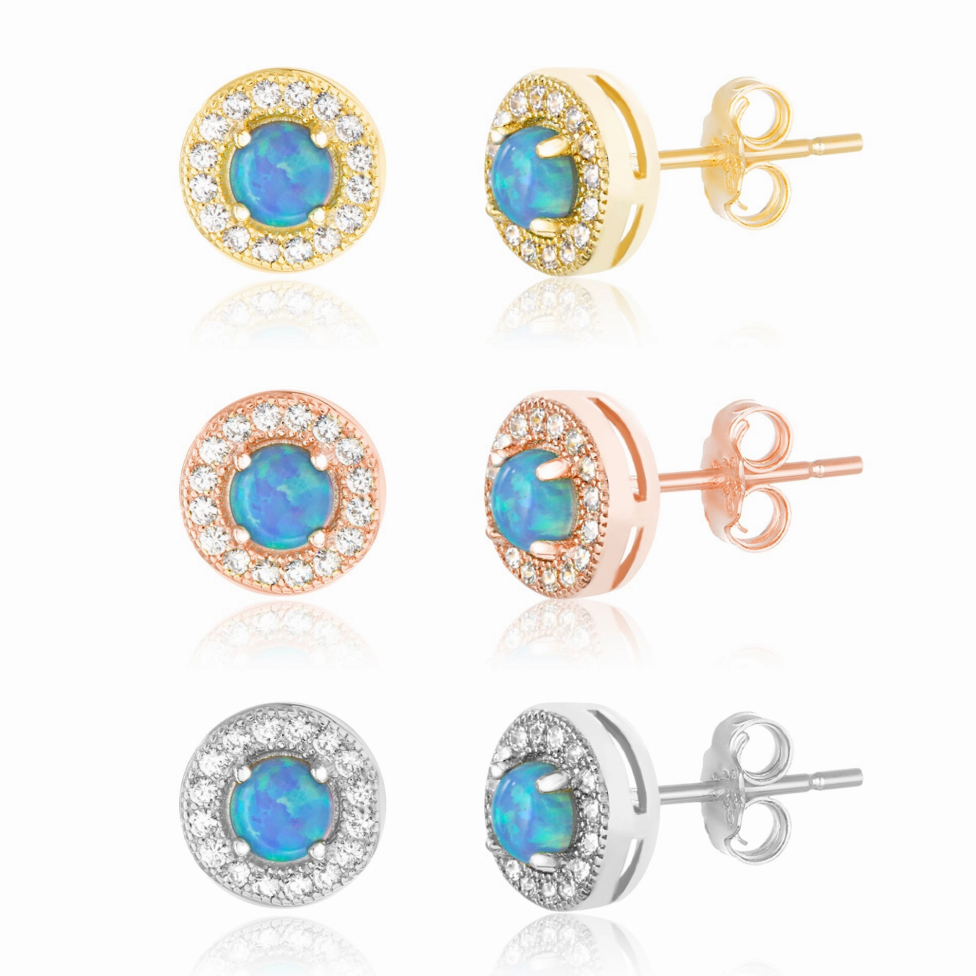 Classic Creation Decorative Embellishment Lesa Michele Lab Created Blue Opal and Cubic Zirconia Halo Stud Gift Earrings 3 Pair Set for Women in Yellow Gold, Rose Gold and Rhodium Plated 925 Sterling Silver