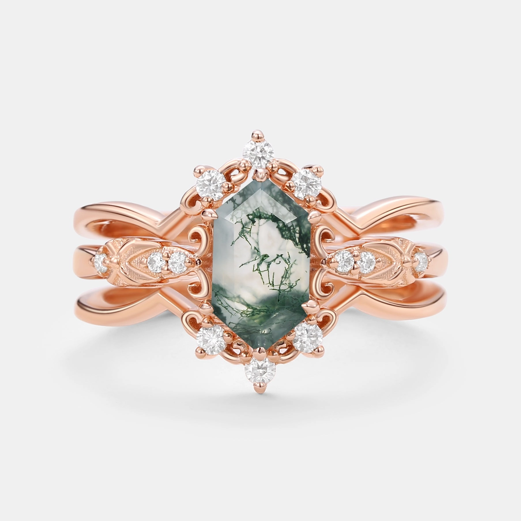 Perfect Layer Seasonal Pick Vintage Long Hexagon Moss Agate Moissanite  Ring Set 2pcs