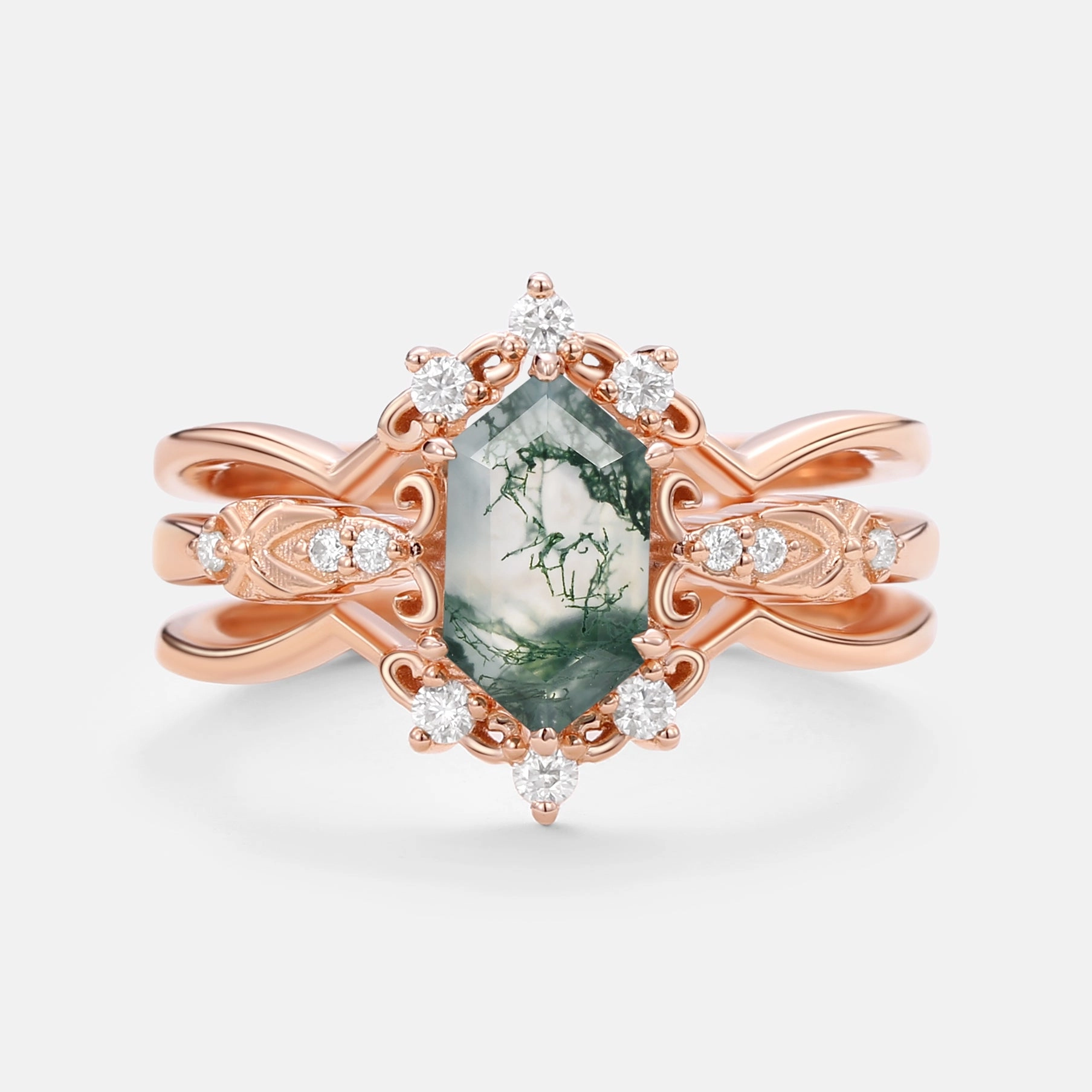 Vintage Long Hexagon Moss Agate Moissanite  Ring Set 2pcs Subtle Vibe