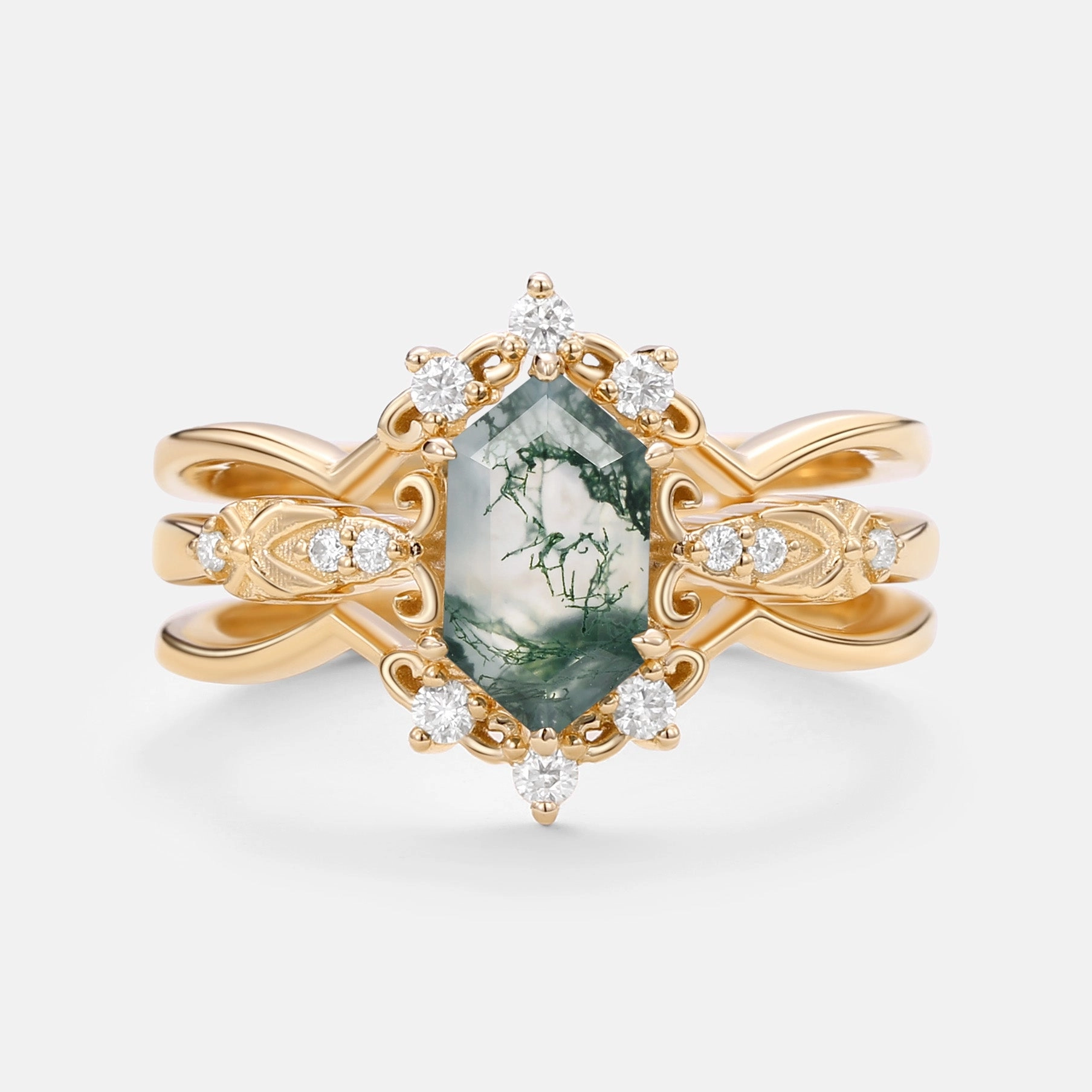Fall Vibes Classic Charm Vintage Long Hexagon Moss Agate Moissanite  Ring Set 2pcs