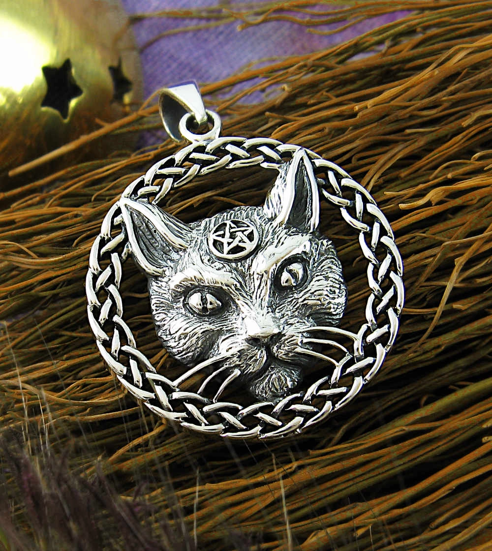 Witchy Cat Head Pendant w/ Pentagram in a Celtic Knot Circle Lightweight Choice Daytime Look