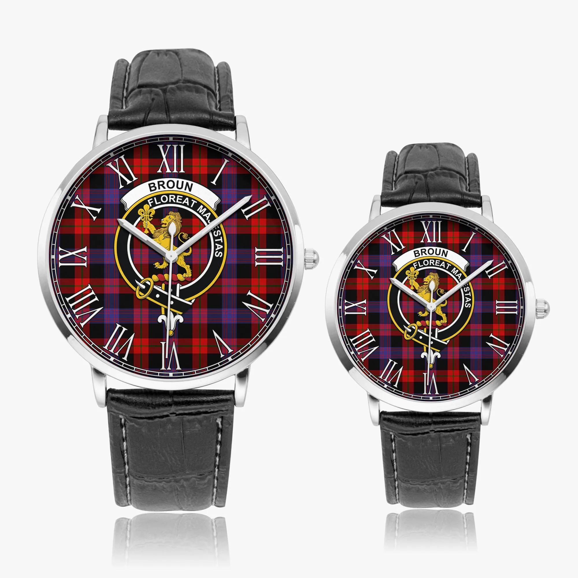 Broun Modern Tartan Family Crest Leather Strap Quartz Watch