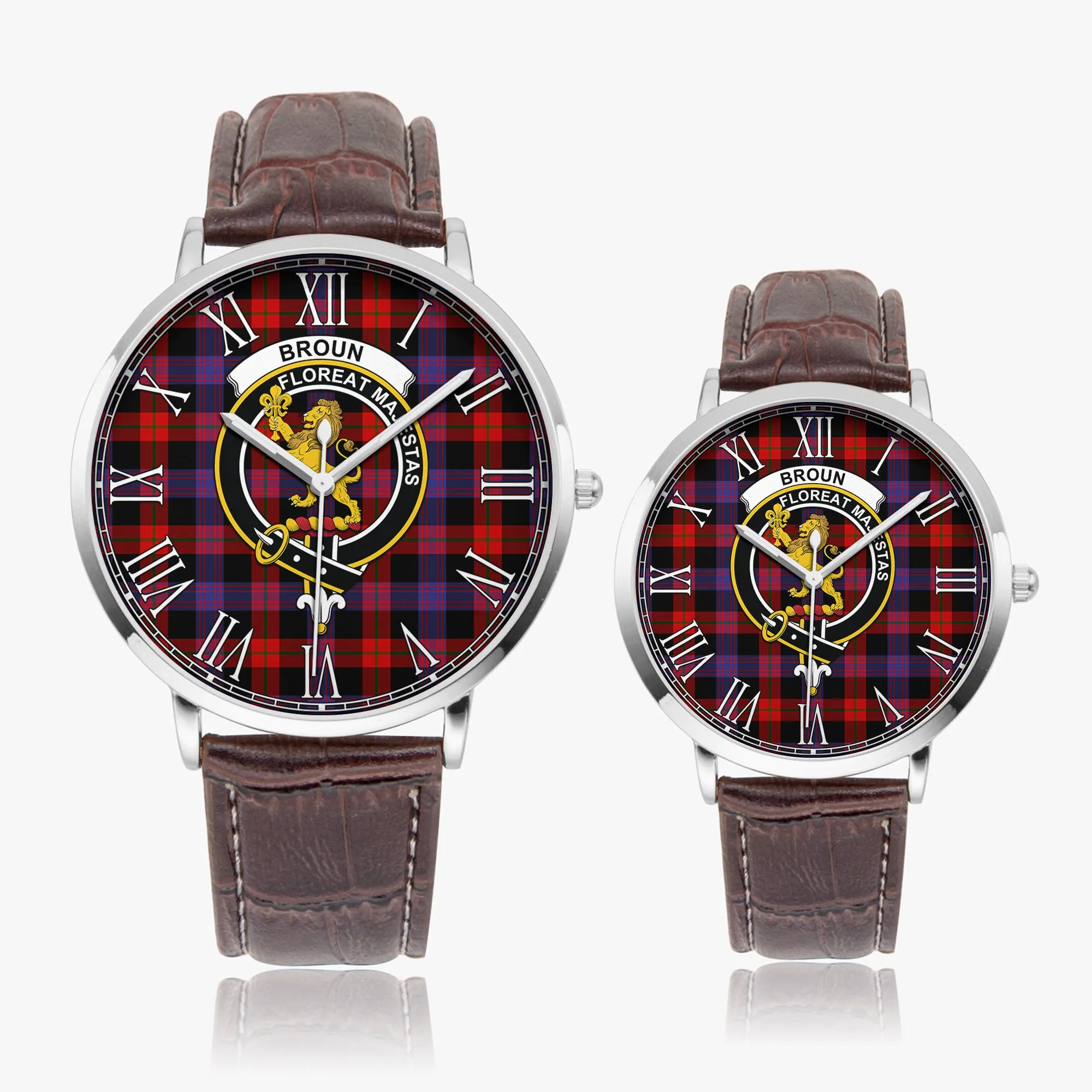 Broun Modern Tartan Family Crest Leather Strap Quartz Watch
