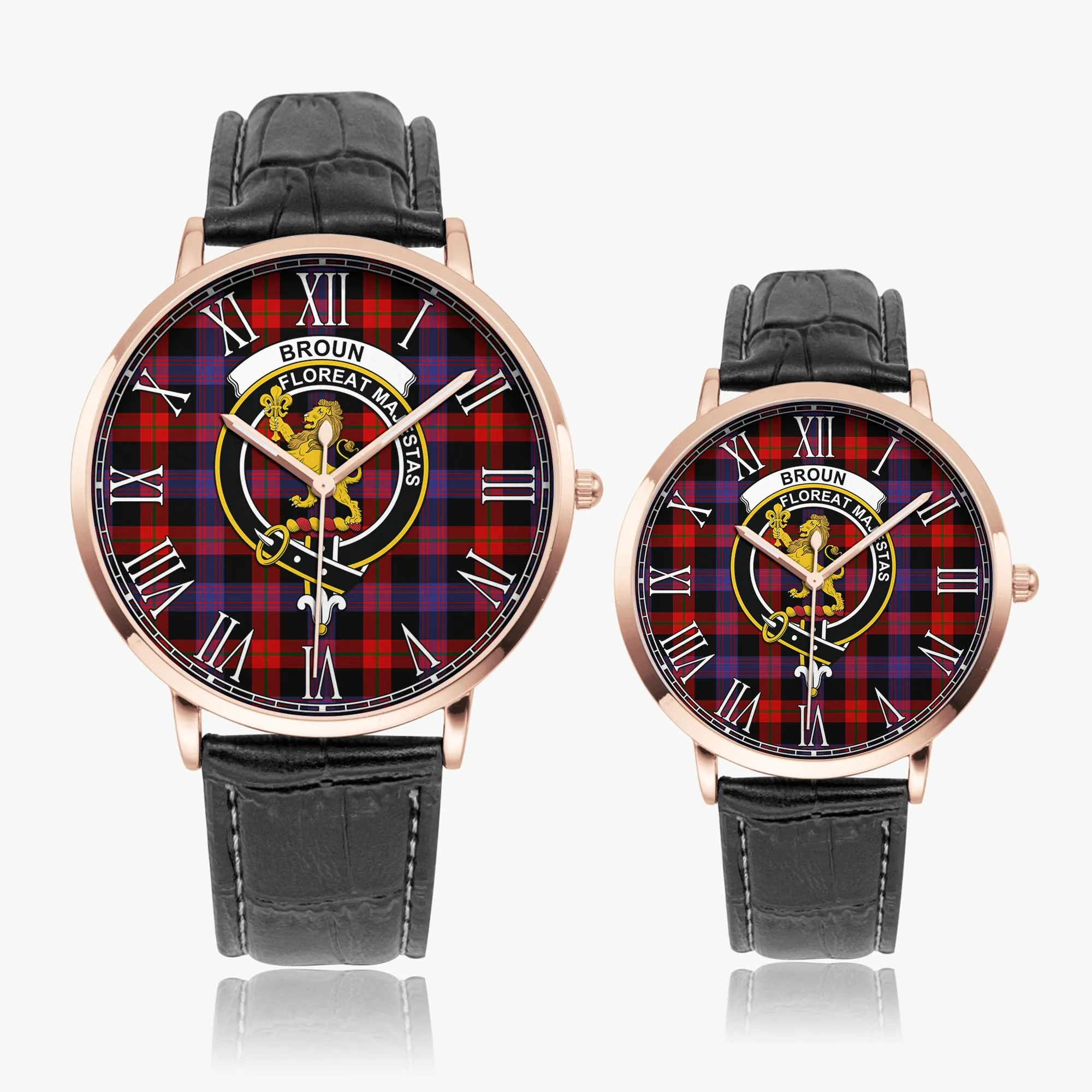 Broun Modern Tartan Family Crest Leather Strap Quartz Watch