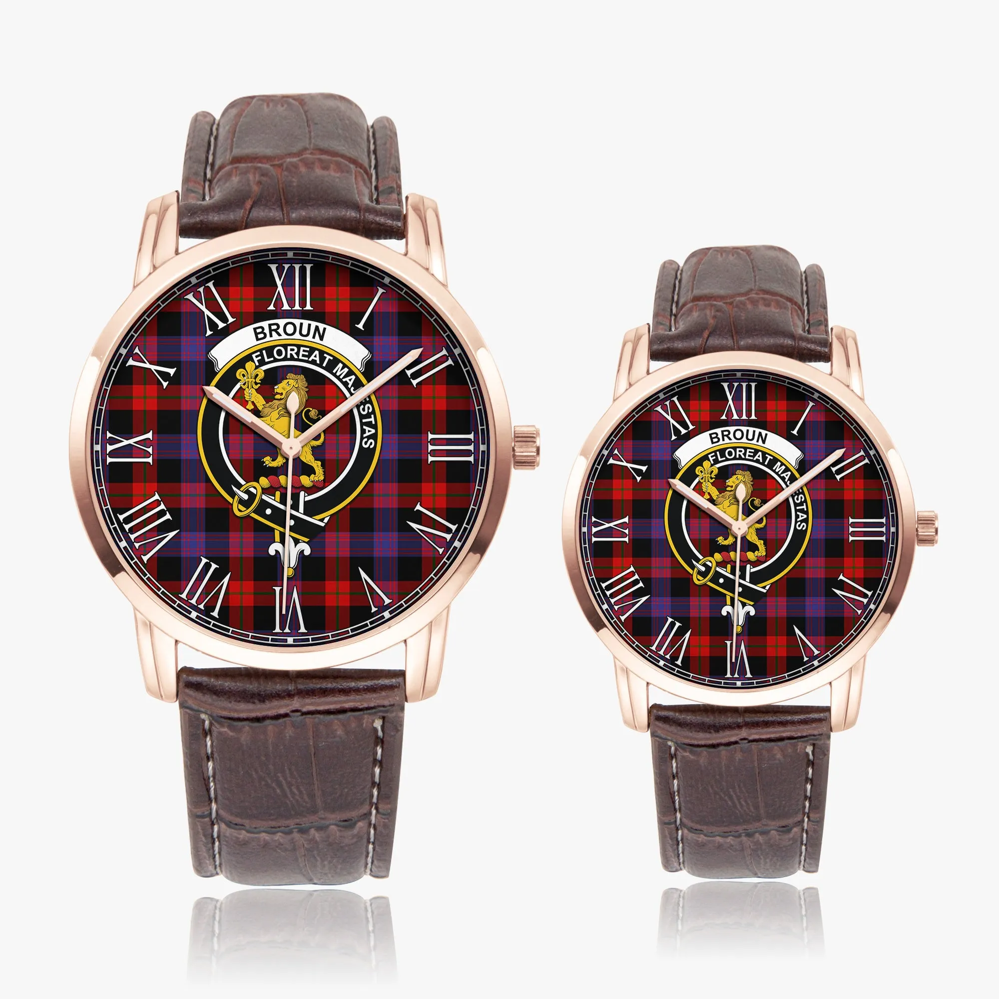 Broun Modern Tartan Family Crest Leather Strap Quartz Watch