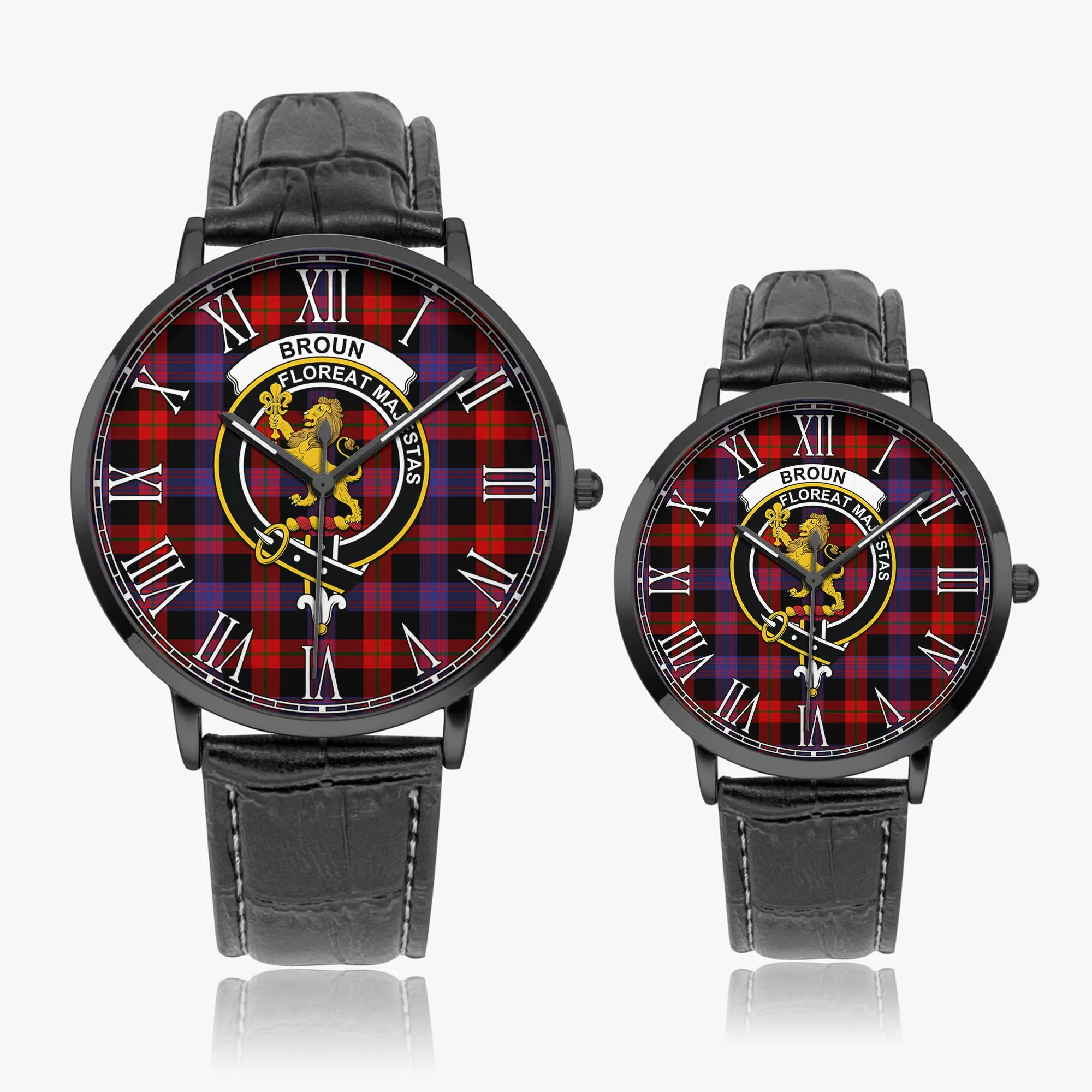 Broun Modern Tartan Family Crest Leather Strap Quartz Watch