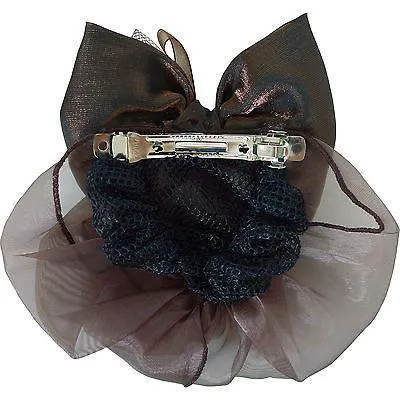 Brown Hair Bow Bun Net Barrette Clip Satin Ribbon Tie Snood Girls Accessories