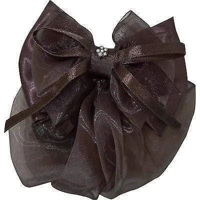 Brown Hair Bow Bun Net Barrette Clip Satin Ribbon Tie Snood Girls Accessories