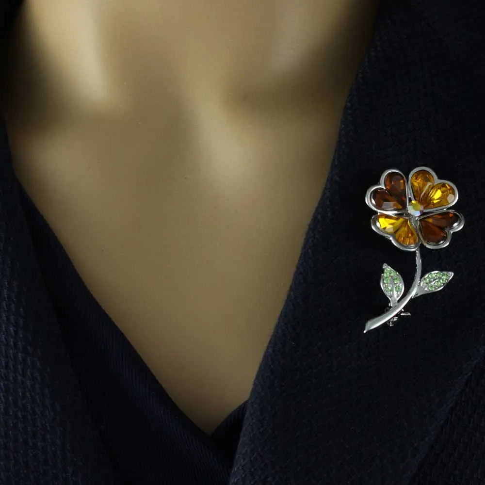 Brown Sunflower with Crystal Leaves Brooch Pin - PRL831
