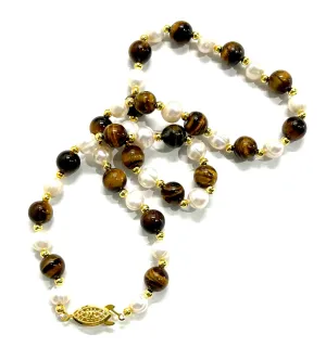 Brown Tiger’s Eye and Freshwater Pearl Gemstone Necklace 18”