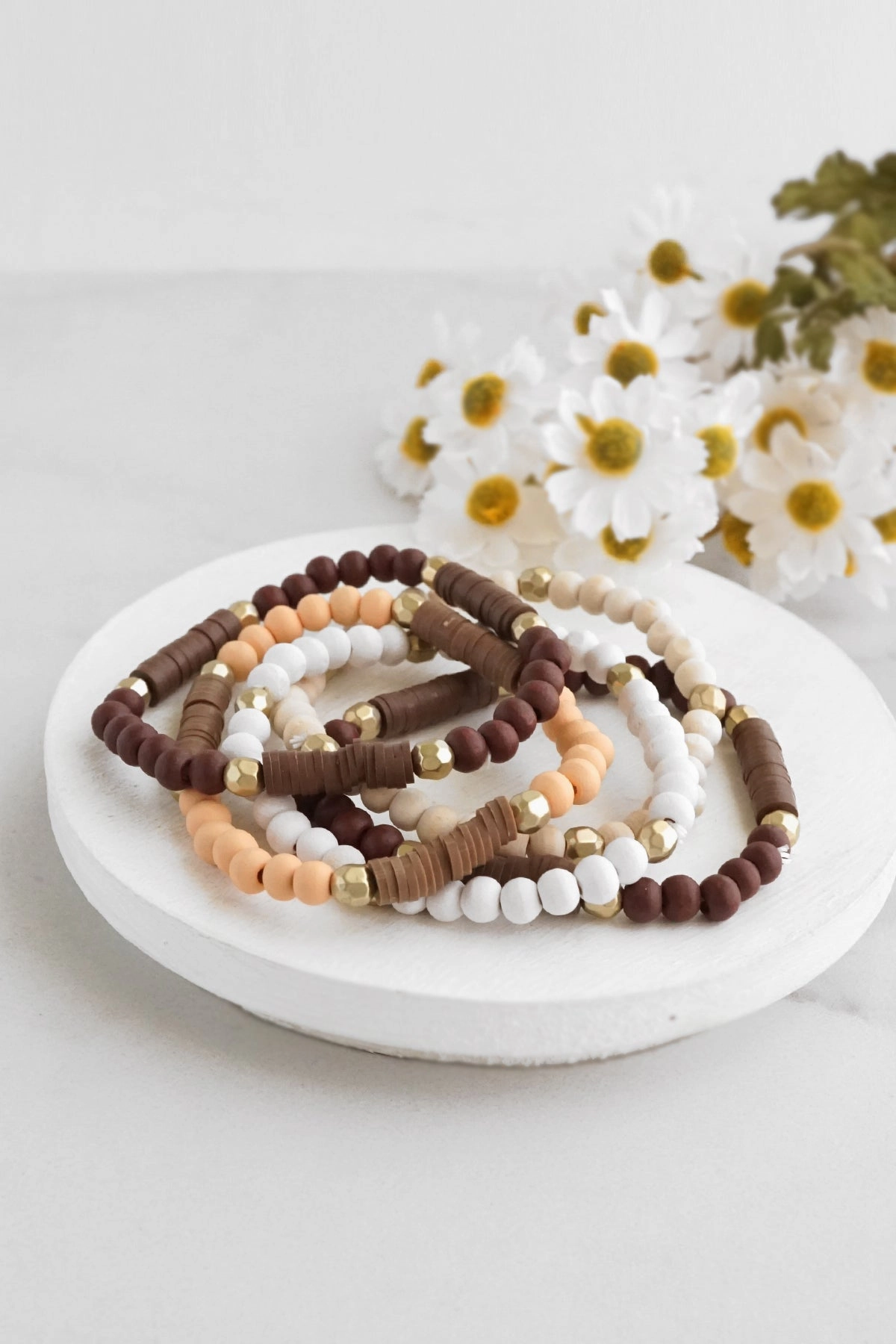 Valuable Asset Fortunate Blends Brown stack of 5 clay and wood beads bracelets in browns and white