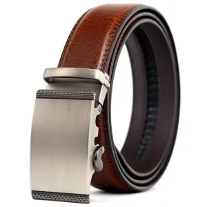 Brushed Nickel with Textured Sides Ratcheting Buckle Belt Set