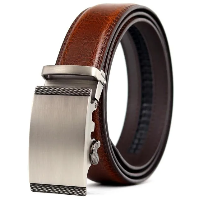 Brushed Nickel with Textured Sides Ratcheting Buckle Belt Set