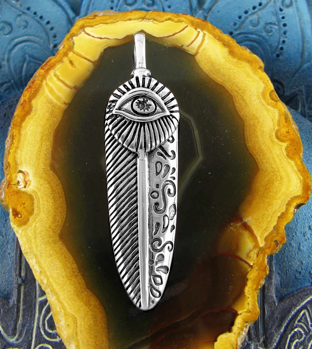Pretty Present Delicate Feature Upright Feather Pendant With Evil Eye and Scrolls