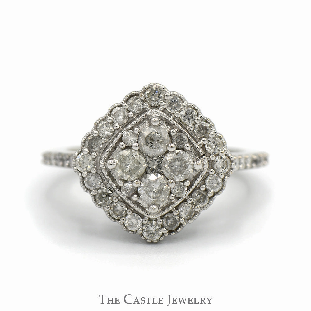 1cttw Round Diamond Cluster Ring with Diamond Halo and Accented Sides in 10k White Gold Contemporary Touch