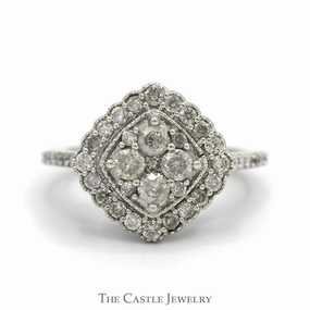 1cttw Round Diamond Cluster Ring with Diamond Halo and Accented Sides in 10k White Gold Contemporary Touch