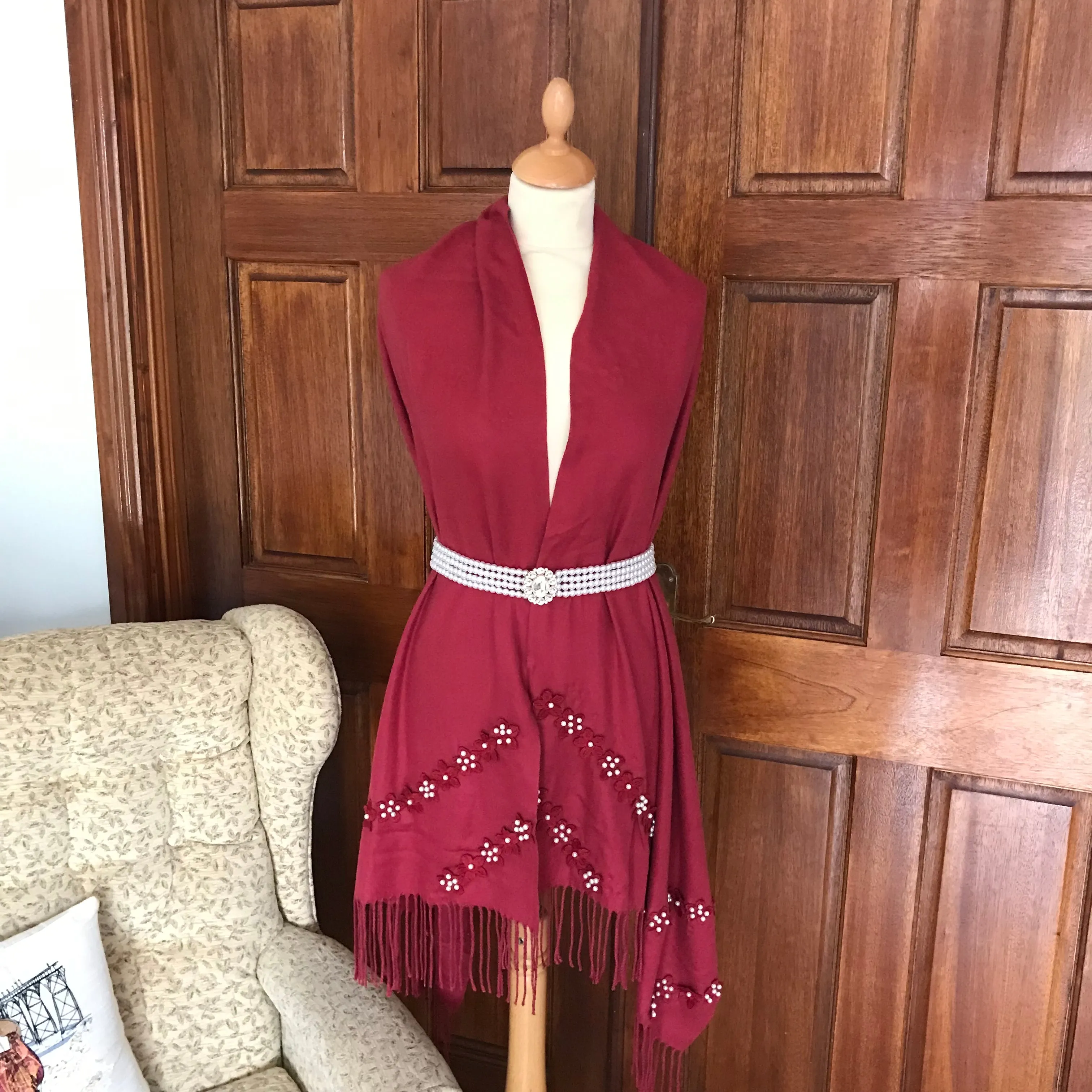 Burgundy Pearl Detail Light Cashmere Feel Scarf