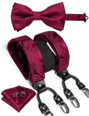 Burgundy Red Paisley Matching Bowtie & Suspenders Set (4pc)