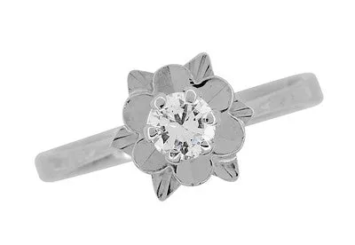 Buttercup Flower Antique Diamond Engagement Ring in 18 Karat White Gold