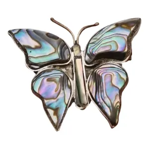 Butterfly brooch in silver, abalone shell pin, silver jewelry.