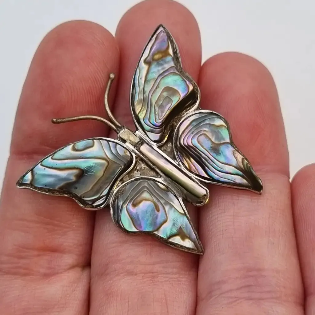 Butterfly brooch in silver, abalone shell pin, silver jewelry.