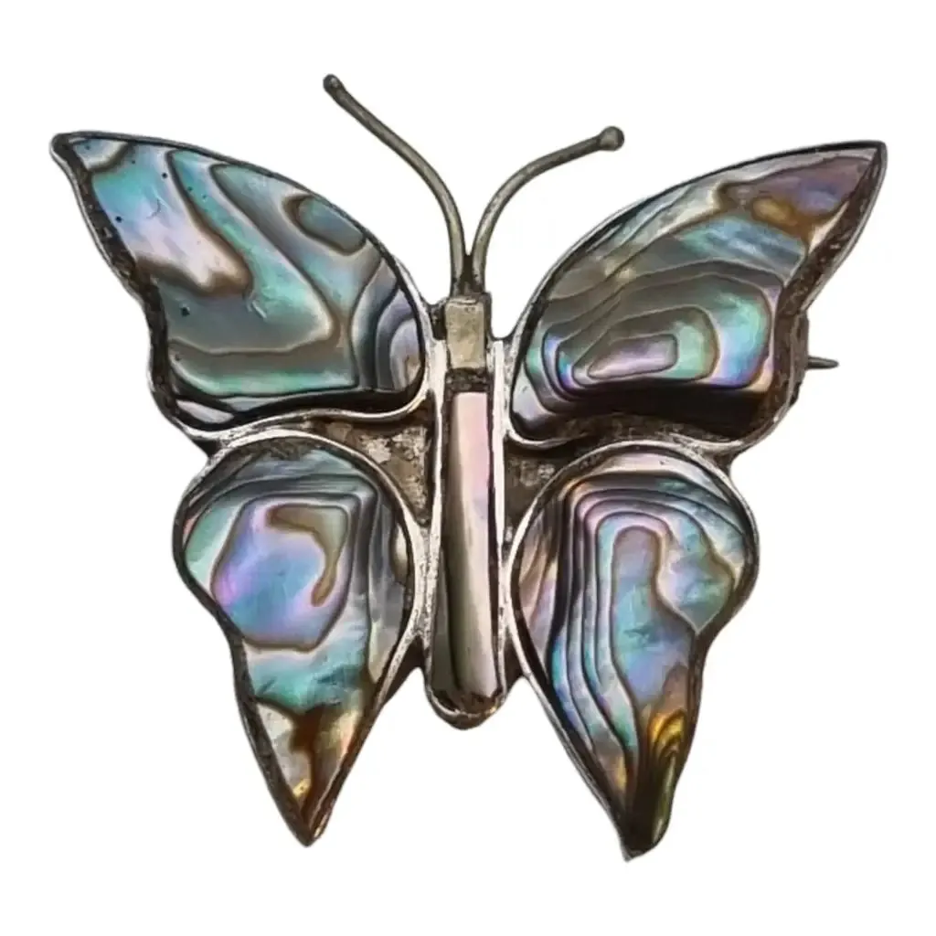 Butterfly brooch in silver, abalone shell pin, silver jewelry.