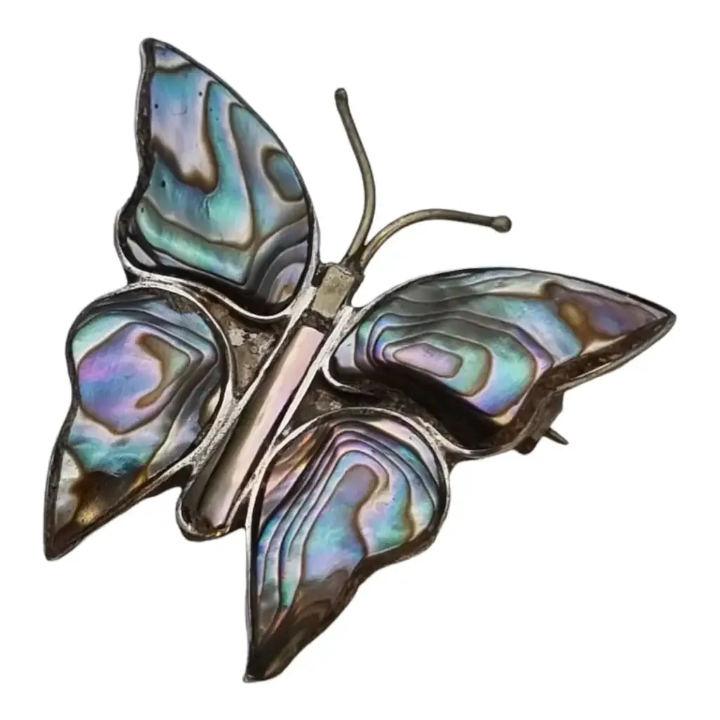 Butterfly brooch in silver, abalone shell pin, silver jewelry.