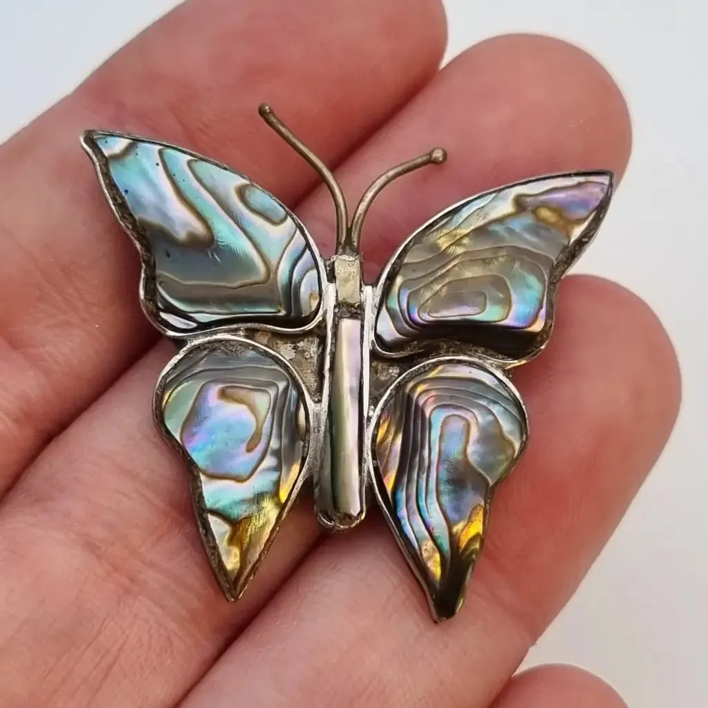 Butterfly brooch in silver, abalone shell pin, silver jewelry.