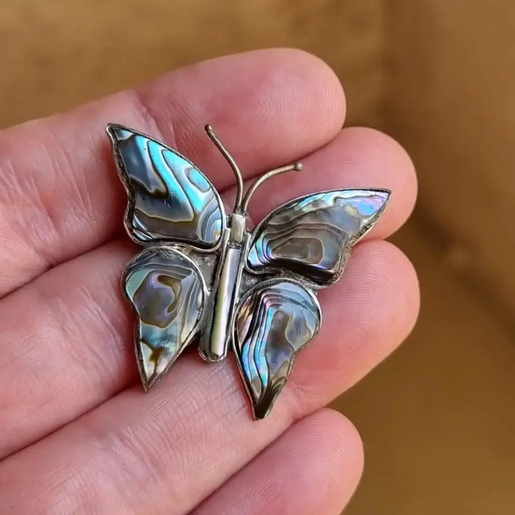 Butterfly brooch in silver, abalone shell pin, silver jewelry.