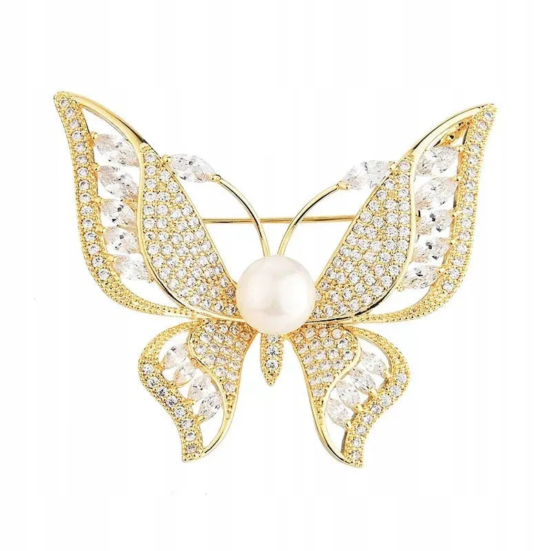 Butterfly gold plated brooch with zircons